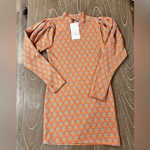 NWT ZARA High Neck Long Puff Sleeves Short Colorful Flower Knit Dress Size M